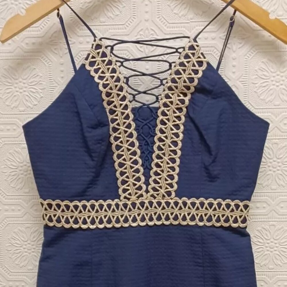 Lilly Pulitzer Navy Blue & Gold Trista Halter Top Mini Dress Size 00